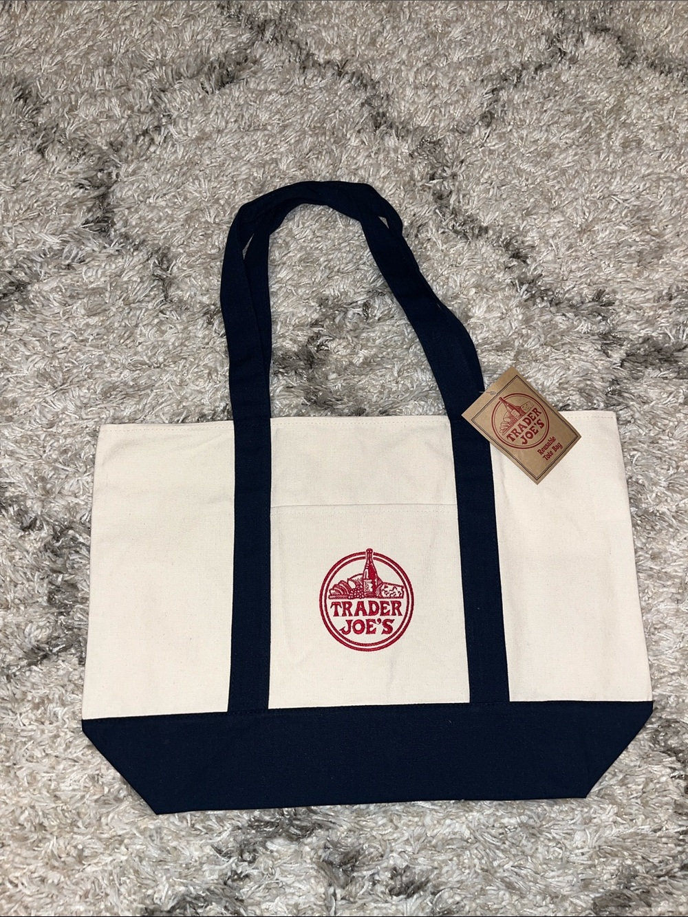 Trader Joe’s reusable tote. Large. Original. Cream. Navy. New with tag.